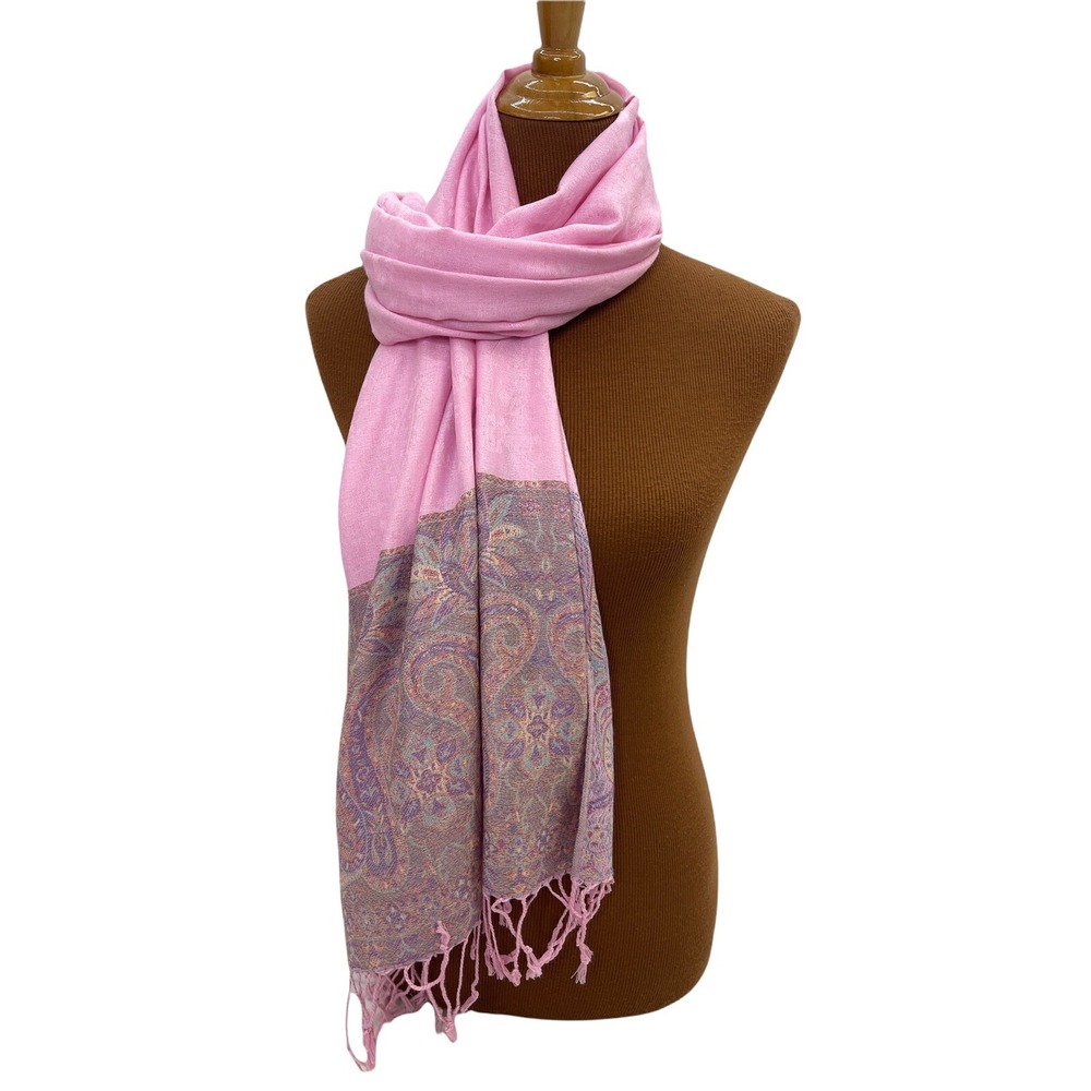 Pashmina Scarf Light‎ Pink Fringe Lavender Blue Paisley Design Soft Rectangle